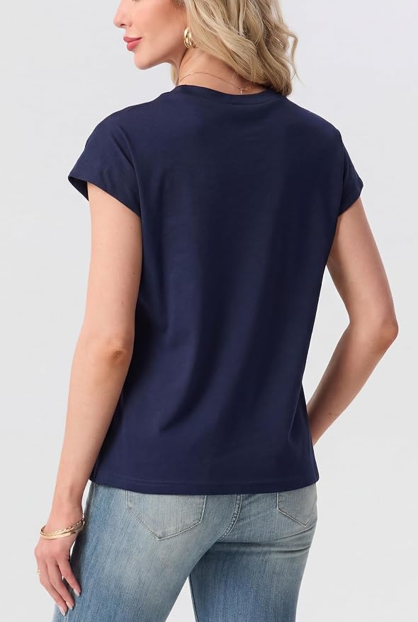 GRECERELLE Womens Summer Tops Cap Sleeve Crew Neck Basic T-Shirt | Everyday Casual Wear, Layering Friendly, Wrinkle-Resistant, Business Casual Ready, Lightweight & Packable, Capsule Wardrobe