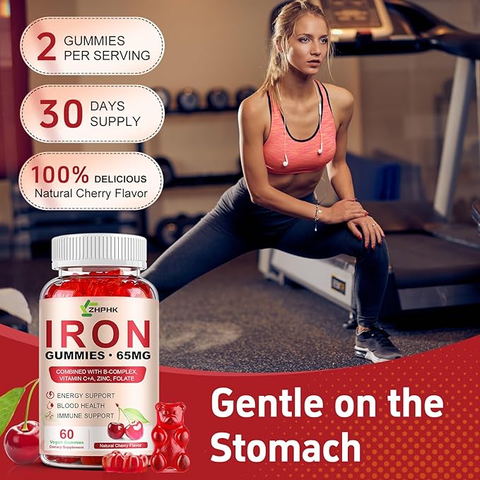 Iron Supplement for Women, Men & Kids, Iron 65mg & Vitamin C 250mg per Serving with B6 B12 Folate- Energy Support for Iron Deficiency, Anemia, Vegan Gummy Cherry Flavor, 60 Count