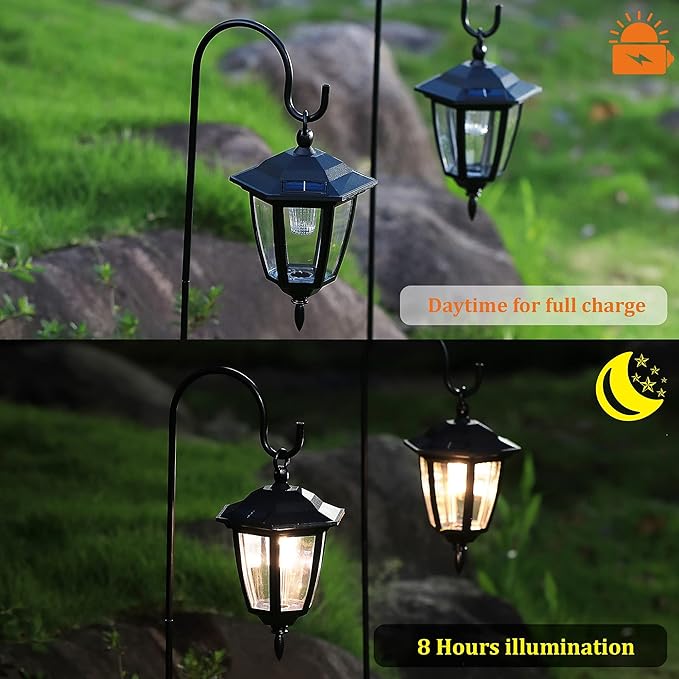 MAGGIFT 34 Inch Hanging Solar Lights, Decorative Garden Lanterns with 2 Shepherd Hooks, Solar Powered Coach Lights, Warm White LED Outdoor Lighting for Landscape, Yard, Pathway and Patio, 2 Pack
