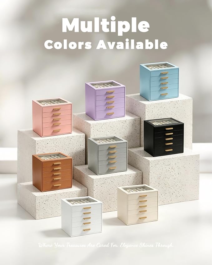 Homeanda Jewelry Boxes Organizer with Glass Lid, 5-Layer PU Leather, Black | Modern style display case with 5 drawers for daily jewelry, women, mom or girl gift