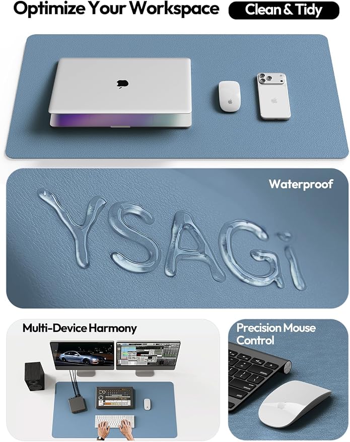 YSAGi Desk Protector&Blotter, Non-Slip Waterproof Leather Mouse Pad | Shields Scratches, Stains, Spills, Heat & Scuffs; Suede Non-Slip; Easy-Clean; Comfy Writing/Typing, 31.5" x 15.8", Blue