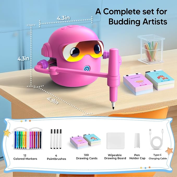 Drawing Robot for Kids with 100 Cards, Montessori Painting Learning Toys for 3 4 5 6 7 8 Year Old Boys Girls,Voice Interactive Early Learning Educational Drawing Toy Gift for Birthday Party
