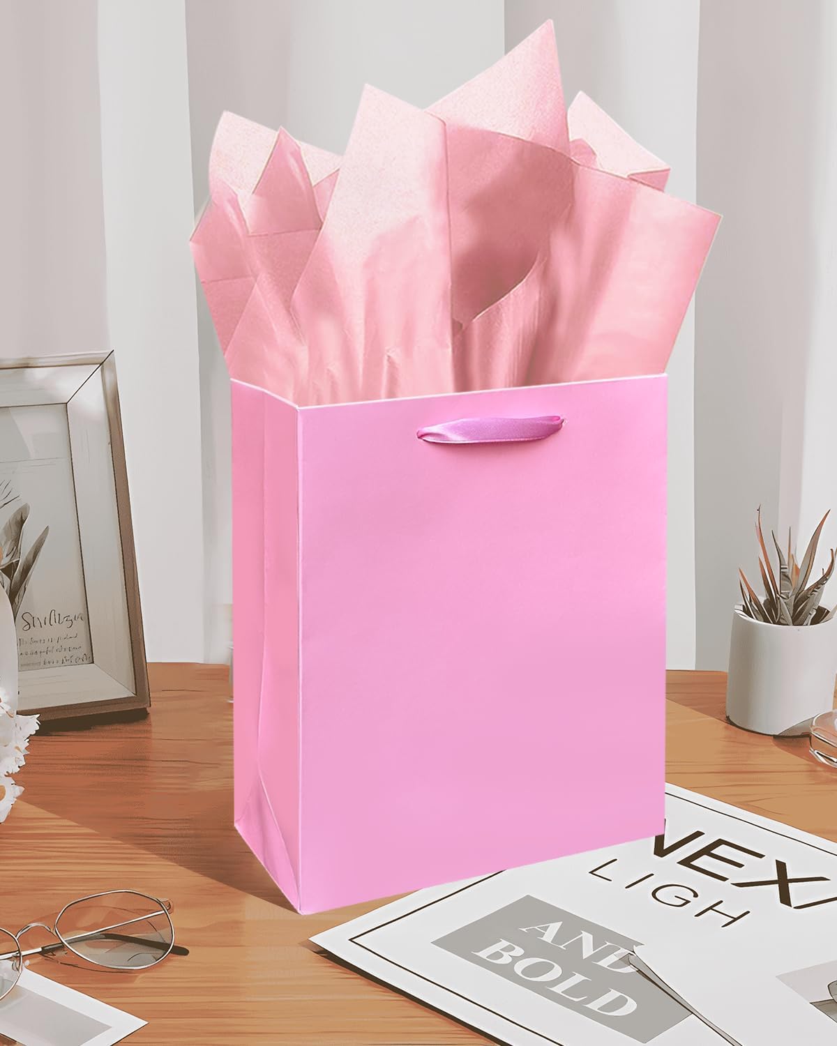 Pink Gift Bags with Tissue Paper for Wedding, Birthday, Party Supplies-7.9"x4.3"x9.6" Medium Size Cardboard Gift Bags(5pcs Bags + Tissue Paper )
