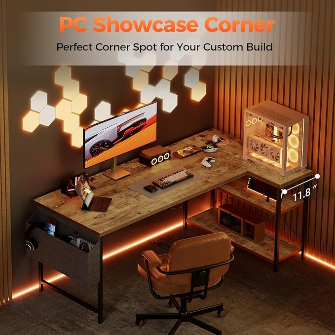 Mericonia 55 inch L Shaped Gaming Desk, Large Corner Desk with Shelves | Reversible Computer Desk with Power Outlets & Storage Bag, Office Table for Home Bedroom Study Work Writing
