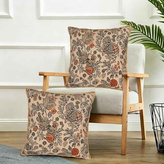 KSLIDS Art Boho Floral Soft Velvet Throw Pillow Covers Set of 2 Beige Rust Botanical Flowers Decorative Pillow Covers 16x16 Inch Farmhouse Vintage Pillow Case for Sofa Couch Living Room Home Decor