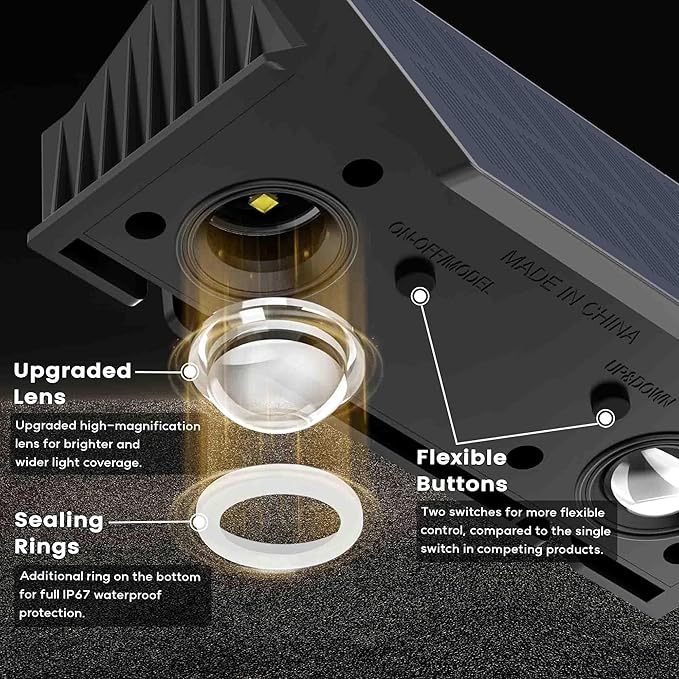 Fence Lights Solar Powered, 6-Pack Solar Fence Lights Up/Down Flexible Buttons, IP67 Waterproof for Outdoor, 100LM Bright, Auto Dusk to Dawn for Wall/Stairs/Yard/Railing/Deck/Pathway (Warm White)