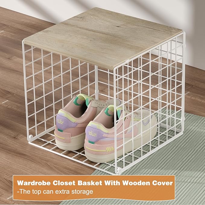 4 Pack Closet Organizers and Storage with Wood Top, Stackable Closet Shelf Organizer, Double Storage Design, Clothes Storage Basket/Cube Organizer for Wardrobe, Sturdy, White (Patent Pending) 