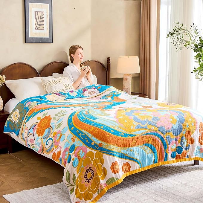 XIBLC Boho Throw Blanket, Lightweight Blankets for Summer, 100% Cotton Bohemian Decorative Throw Blanket, 60"x80" Reversible Muslin Breathable Woven Farmhouse Blankets Quilt,