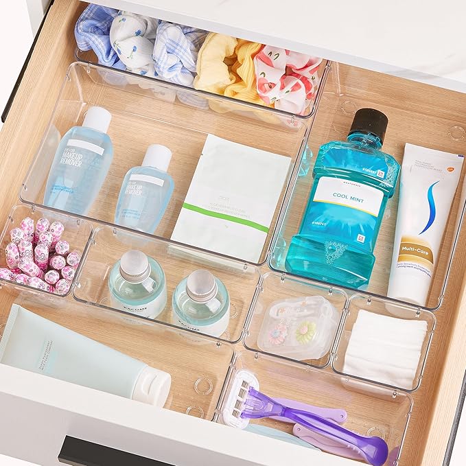 Vtopmart 44 PCS Clear Plastic Drawer Organizers Set, Vanity Organizer Trays | 4-Size Versatile Makeup Organizer, Non-Slip Storage Containers for Makeup, Jewelries, Bedroom,Kitchen Utensils and Office