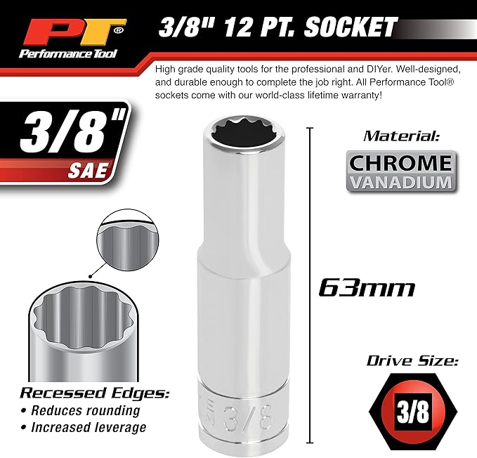 Performance Tool W38612 12-Point Socket, 3/8-Inch Drive, 3/8