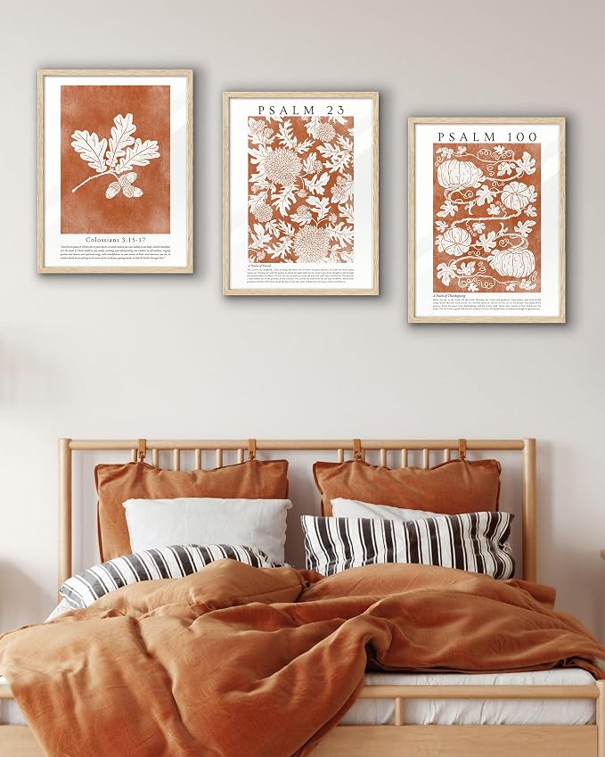 EcoHest 12x16in Psalm 100 Pumpkin Thanksgiving Botanical Christian Wall Art | Natural Oak Wood Frame with Canvas Wall Art, Fall Scripture Bible Verse Decor for Bedroom, Living Room, Office, Church, 1Pack
