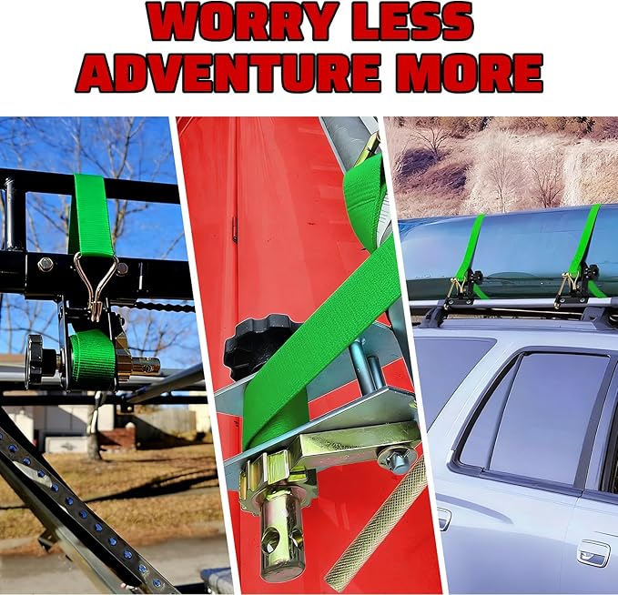 Green Rack Straps with J-Hook (4PK),1.5" x7.5' Ladder Rack Ratchet Straps, 2" Round Tube Mount, Perfect Ladder Rack Tie-Downs for Trailer Cargo Control