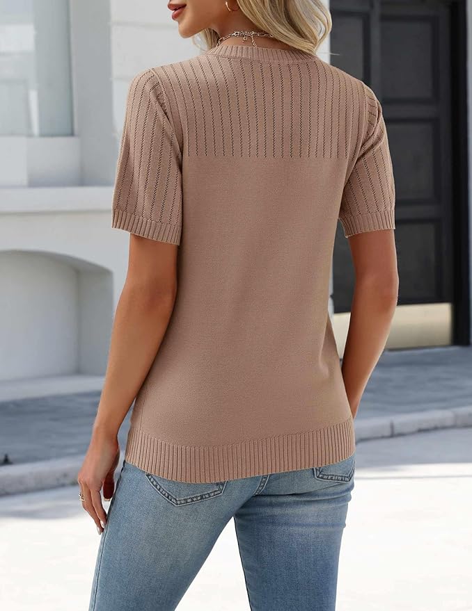 Zeagoo Women's Short Sleeve Sweater Tops 2026 Spring Summer Crew Neck Hollow Out Blouses Dressy Business Casual Outfits