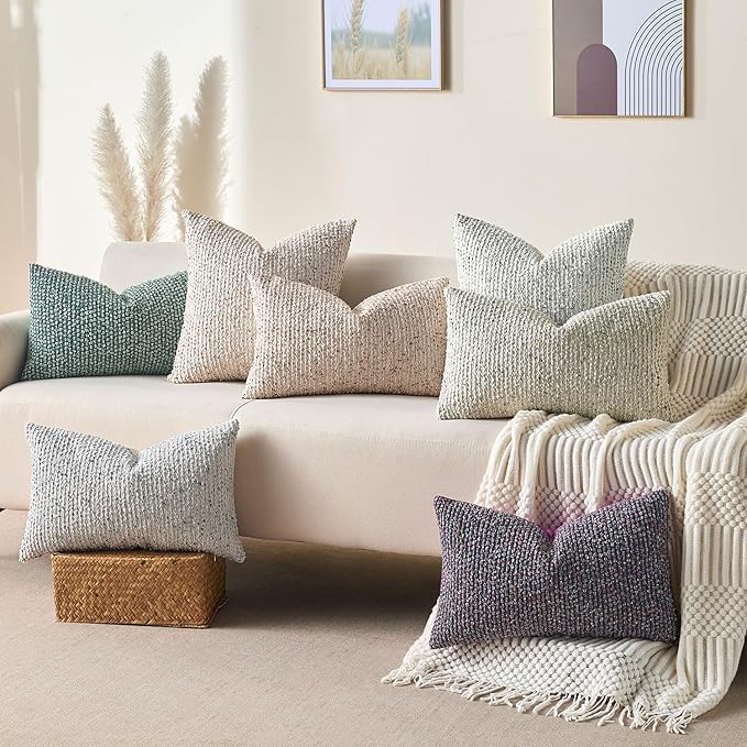 Allorry Soft Wool Decorative Throw Pillow Covers 12x20 Cream Gray SY011B12 | Cozy Soft Touch,Neutral Textured Boho Cushion Covers for Modern Farmhouse Sofa Bedroom Living Room Decor