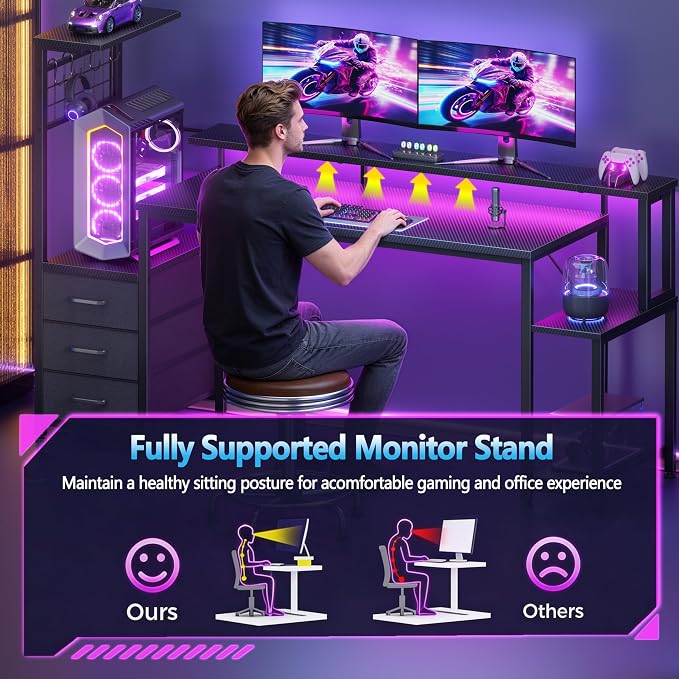 Korfile 63 Inch Gaming Desk with Bluetooth LED Lights & Power Outlets,Computer Desk with Fabric Drawers & Hooks,Reversible Gamer Table with Monitor Stand for Game Room,Home Office,Carbon Fiber Black | Reversible,Computer Desk, Gamer Table, Bluetooth LE...