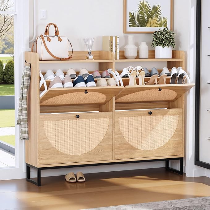 COMHOMA Shoe Storage Cabinet, Slim Rattan Shoe Cabinet Storage with Flip Drawers, Hidden Narrow Shoe Cabinet for Entryway Hallway(Natural Rattan Wood)