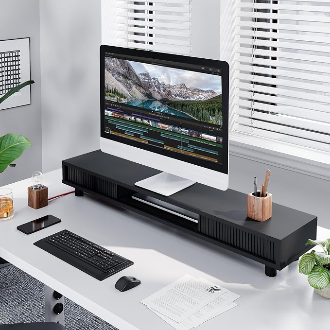 Fenge Dual Monitor Stand, 42.5inch Long Monitor Stands Riser for 2 Monitors, Glass Sliding Door with Storage Organizer Stand for Desk, 2 Tier Desk Shelf for Laptop, Pc, Printer, Computer, TV