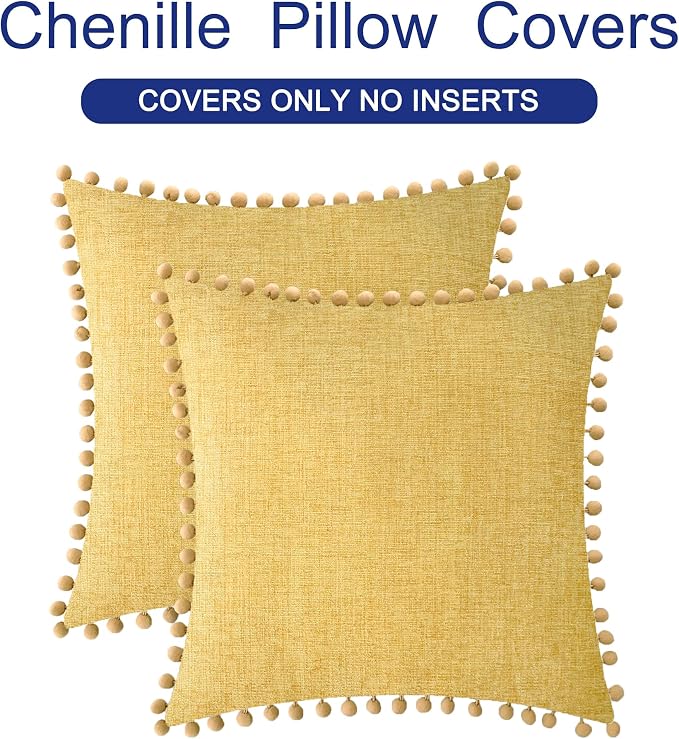 CaliTime Decorative Couch Throw Pillow Covers 16 X 16 Inches Gold | Pack of 2, Cozy Chenille Cushion Cases, with Pom Poms for Sofa Bed Living Room Farmhouse Home