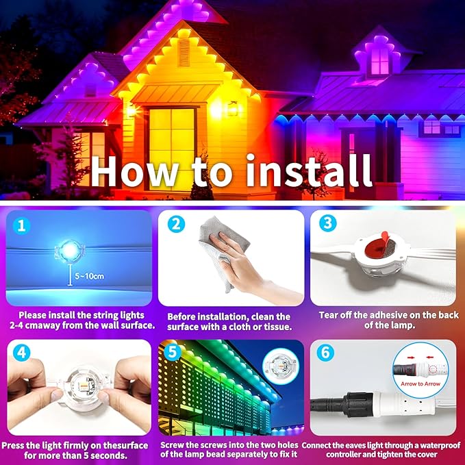 Permanent Outdoor Lights 200ft Smart Outside RGB LED Christmas Light, App Control Remote IP67 Waterproof Eternity Eaves Lighting for Halloween,House,Patio Decor ,Garden Decor, Decorations