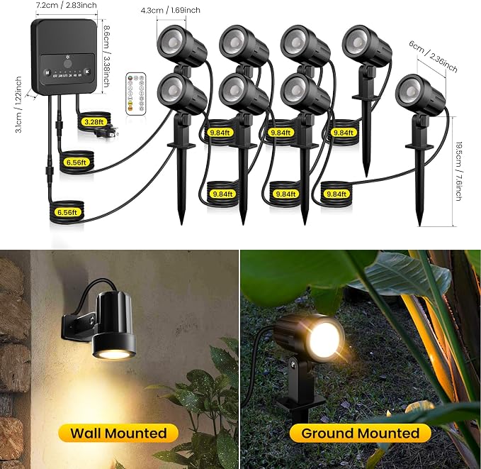 Outdoor Landscape Lighting 2700-6500K Dimmable Spotlights 8 Pack | 3 brightness levels,2 dynamic mode,IP66 waterproof, remote timer & memory,plug and play. Ideal for yards, gardens & pathways