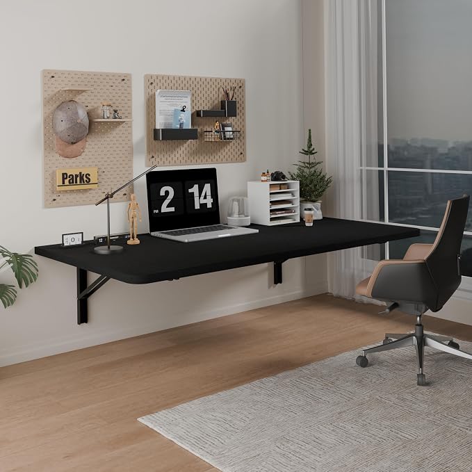 IAE 36x22in Floating Fold Desk,Wall-Mounted Folding Computer Table,Black | Study Table with Shelf Brackets,Foldable Down Shelf with Engineered Wood,Fold Computer Desk for Small Apartment,Holds 501 lb