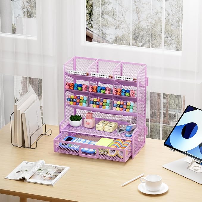 Marbrasse Larger Mesh Desk Organizer with Drawer, Multi-Functional Pen Pencil Holder, Easy Assembly, Desk Organizers and Accessories for Office Art Supplies (Purple)