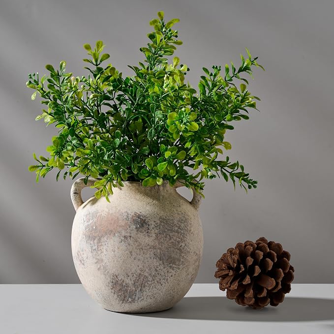 PORCER Antique Ceramic Vase, 5.8 Inch Terracotta Vase with Handles, Decorative Rustic Vase for Home Decor, Farmhouse, Living Room, Table, Bedroom, Entrance, Office - Gray