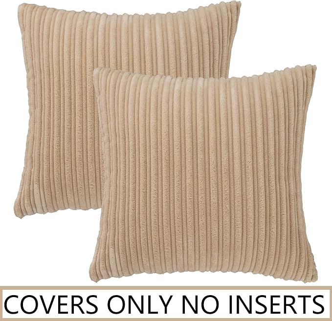 UGASA Velvet 20x20 Inch Soft Throw Pillow Covers Decorative Corduroy Striped Both Sides Solid Square Cushion Cases Boho Farmhouse for Couch Bedroom Sofa Home, Pack of 2, Beige