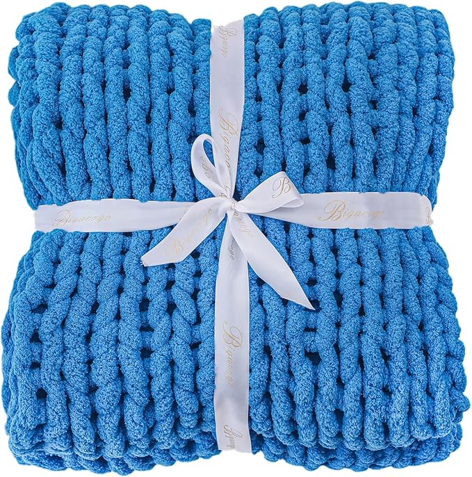 Bigacogo Chunky Knit Throw Blanket for Couch, 40x40 inches, Bright Blue | Hand Knit with Jumbo Chenille, Soft Breathable Cable Knit for Sofa Bed Living Room, Machine Washable, Gift for Mom Friend