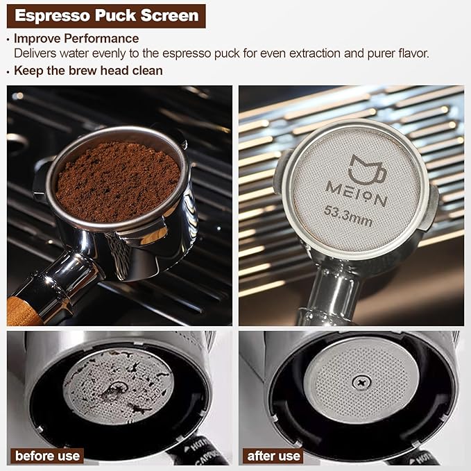 MEION Espresso Dosing Funnel and Puck Screen Set, Magnetic Coffee Funnel, Reusable Espresso Puck Screen, Espresso Tools Espresso Accessories (Silver, 54mm)