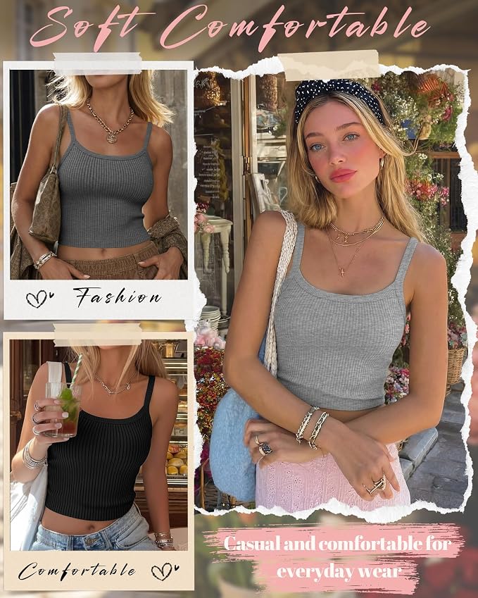 Ficerd 3 Pack Women's Tank Tops 95% Cotton Spaghetti Strap Ribbed Crop Camisole Slim Fitted Basic Summer Sleeveless Layer