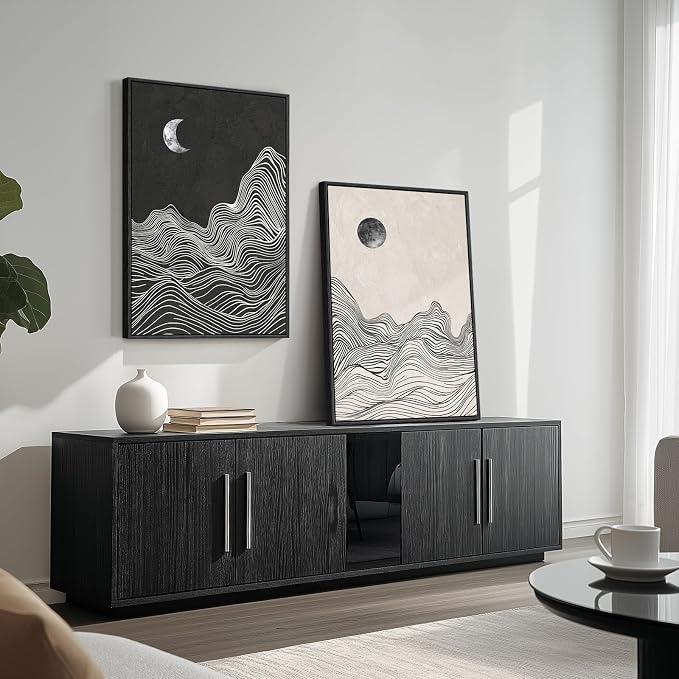 Large Framed Black and White Abstract Wall Art for Living Room, Set of 2 Modern Canvas Prints Paintings Artwork for Walls, Abstract Mountain and Moon Pictures for Bedroom Hallway Wall Decor 24x36 In