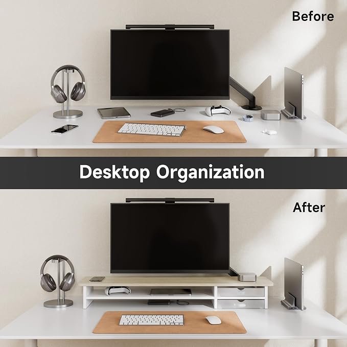 Fenge Monitor Stand, Dual Monitor Riser, 42.5inch Large Desk Computer Monitor Stand Riser with Drawer, 2 Tier Wood & Acrylic Desktop Organizer for Computer, Laptop, Printer, TV Screen Riser