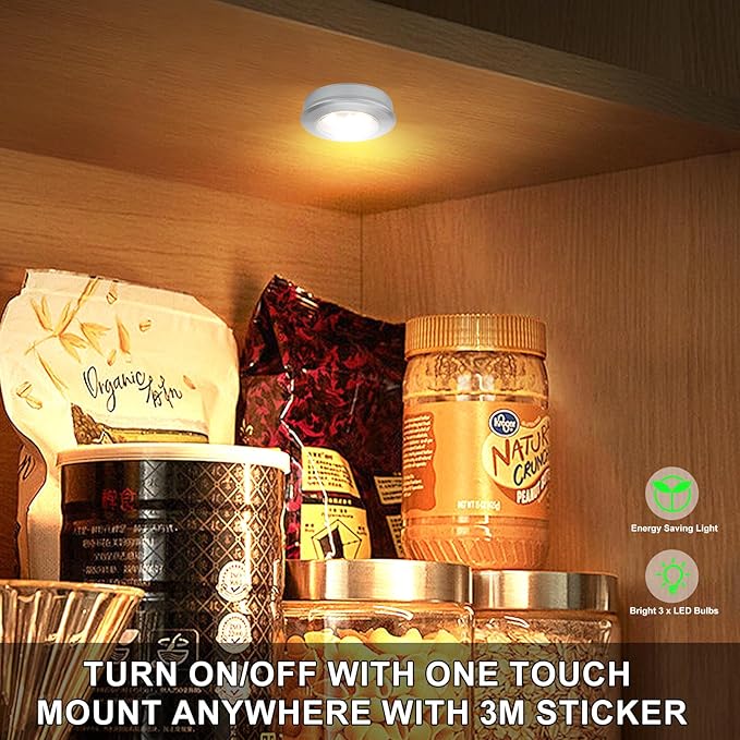 Wireless LED Puck Lights, Touch Activated Tap Ligh, Battery Operated Stick On Lights for Under Cabinet, Kitchen, Closet & Counters, 3-Pack, Silver