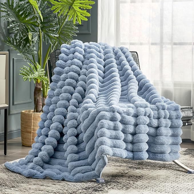 Cozy Bliss Faux Fur Throw Blanket for Couch, Cozy Warm Plush Striped Blanket for Sofa Bedroom Living Room, 60 * 80 Inches Light Blue