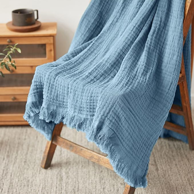 Simple&Opulence Cotton Muslin Throw Blanket for Bed, Couch, Knit Woven Gauze Blanket with Tassels, Soft Lightweight Cozy Pre-Washed Breathable Farmhouse Decoration for All-Season (Dusty Blue)
