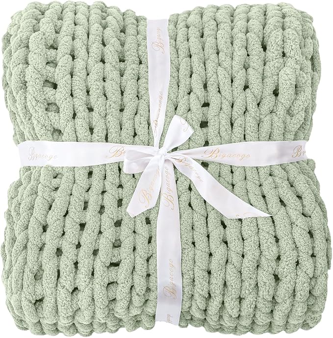 Bigacogo Chunky Knit Throw Blanket for Couch, 40x80 inches, Sage Green | Hand Knit with Jumbo Chenille, Soft Breathable Cable Knit for Sofa Bed Living Room, Machine Washable, Gift for Mom Friend