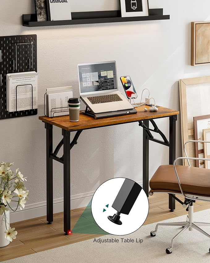 Frylr Small Folding Computer Desk – 35.8 Inch Portable Table for Craft and Study, Lightweight Desk for Small Spaces, Foldable Laptop Table Built-in AC/USB Outlets for Convenience, Rustic Brown