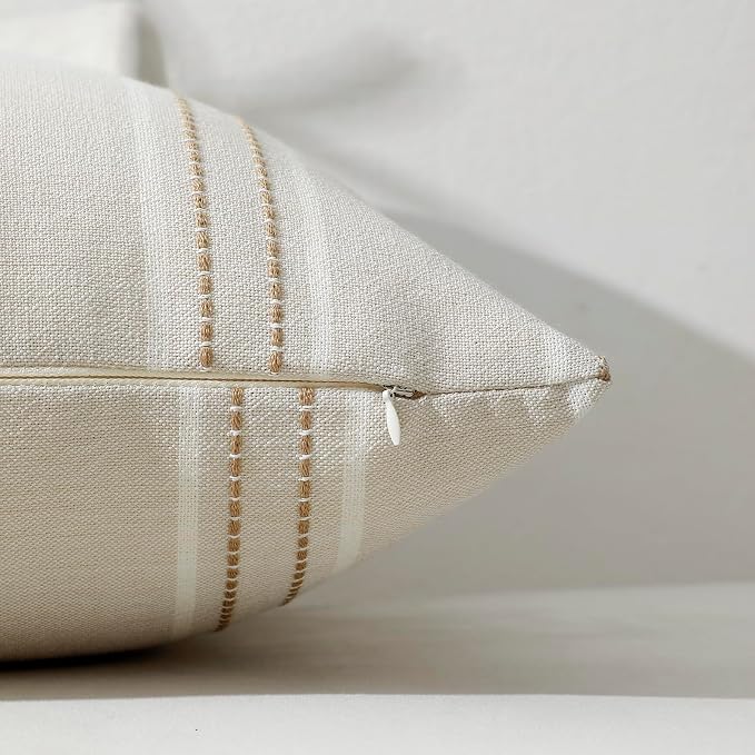 Hckot Tan Brown Throw Pillow Covers 20x20 Set of 2 Striped Pillow Covers | Farmhouse Decorative Pillows Textured Linen Square Cushion Covers for Sofa Couch Bed Living Room Decor(Tan)