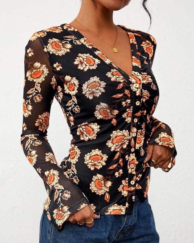 BTFBM Button Down Shirts for Women 2026 Fall Boho Tops V Neck Long Sleeve Blouses Ruched Mesh Fitted Fashion Clothing
