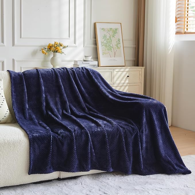 NEWCOSPLAY Fleece Leaves Pattern King Blanket, Dark Navy, 90"x110" | Super Soft Throw Blanket, Lightweight Cozy Bed Sofa Blanket, Premium Silky Flannel Fleece, Travel Blanket for All Season Use