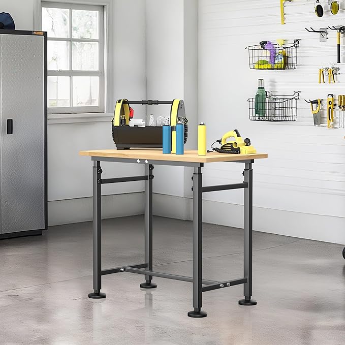 Ultrawall Workbench for Garage, 32"x18" Adjustable Height Work Table, Heavy Duty Rubber Wood Workstation for Workshop, Office, Home