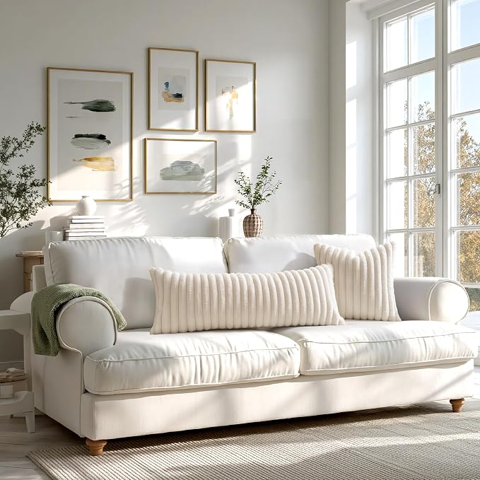 MIULEE Faux Fur Lumbar Decorative Throw Pillow Covers 12x20 Set of 2 Beige | Cream White Modern Soft Plush Couch Pillows, Cozy Fluffy Cushion Covers for Sofa Bed Living Room Home Decor