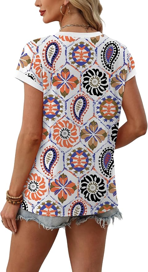 WIHOLL Womens Summer Tops 2026 Cap Short Sleeve Shirs V Neck T Shirts Fashion Beach Vacation Clothes Color Block