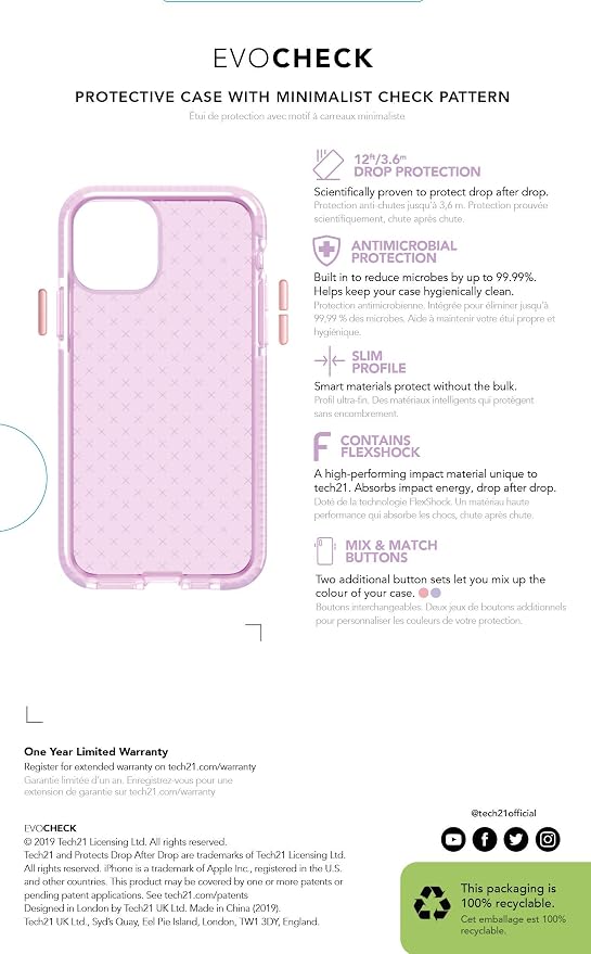 tech21 Evo Check for Apple iPhone 11 Pro - Germ Fighting Antimicrobial Phone Case with 12 ft. Drop Protection