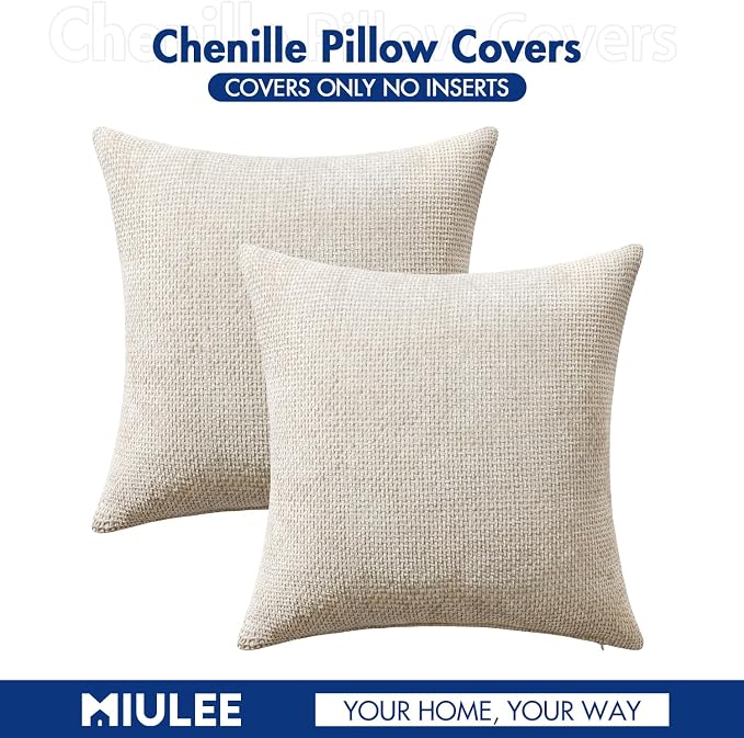 MIULEE Decorative Couch Throw Pillow Covers 16x16 Inch Neutral Beige 2 Pack | Modern Boho Accent, Soft Chenille Pillow Covers, Farmhouse Cushion Cases for Home Decor Bed Sofa Living Room