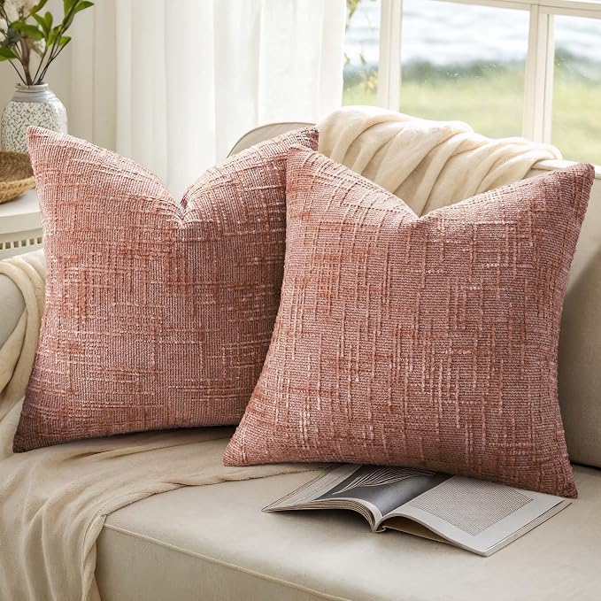 decorUhome Textured Chenille Throw Pillow Covers 16x16 Set of 2 Pink | Fall Modern Farmhouse Soft Cozy Slubby Couch Pillow Cases Boho Decorative Pillow Cases for Bed Sofa Living Room Home Decor