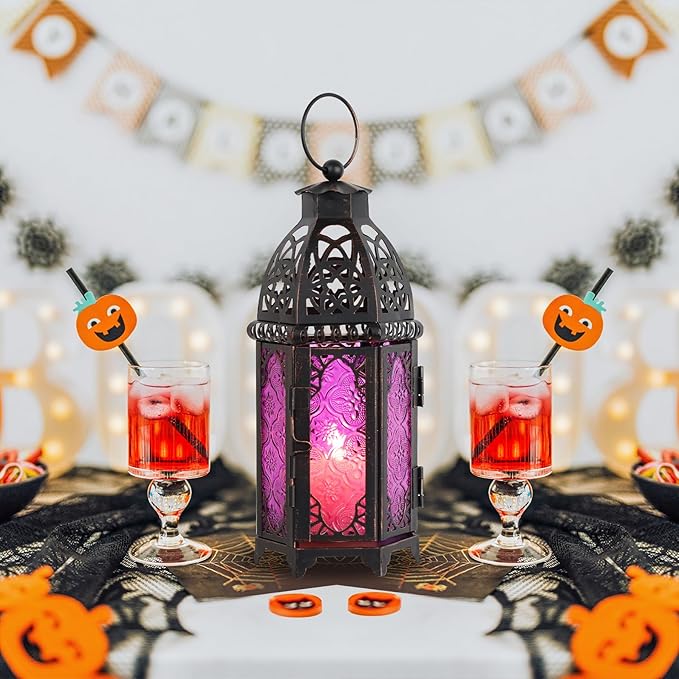 DECORKEY Halloween Lanterns Decorations Indoor & Outdoor, 11’’ Medium Size Vintage Metal Hanging&Tabletop Candle Holder Decor, Christmas Ramadan Decorations for Home Porch Patio (Purple)