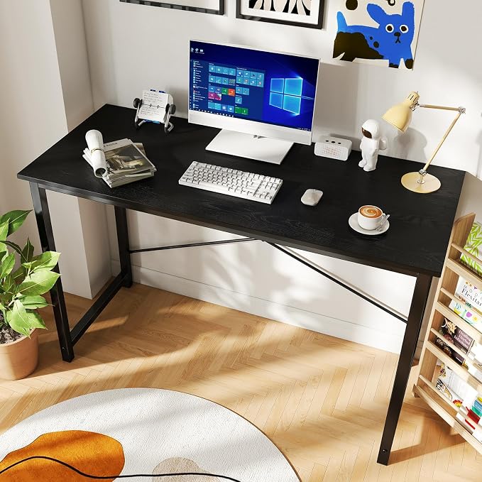 Sweetcrispy 48-Inch Small Computer Desk for Bedroom, Black | Gaming Writing Work and Study Desk for Home Office, Sturdy Metal Frame and Compact Modern Design with X-Shaped