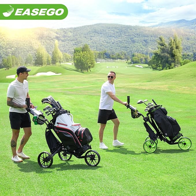 Golf Push Cart 3 Wheel : Golf Bag Cart Foldable with Phone Holder/Cup/Umbrella Holder Compact Golf Pull Carts Quick Fold Golf Caddy Push Carts with Large Wheelbase for Different Terrain